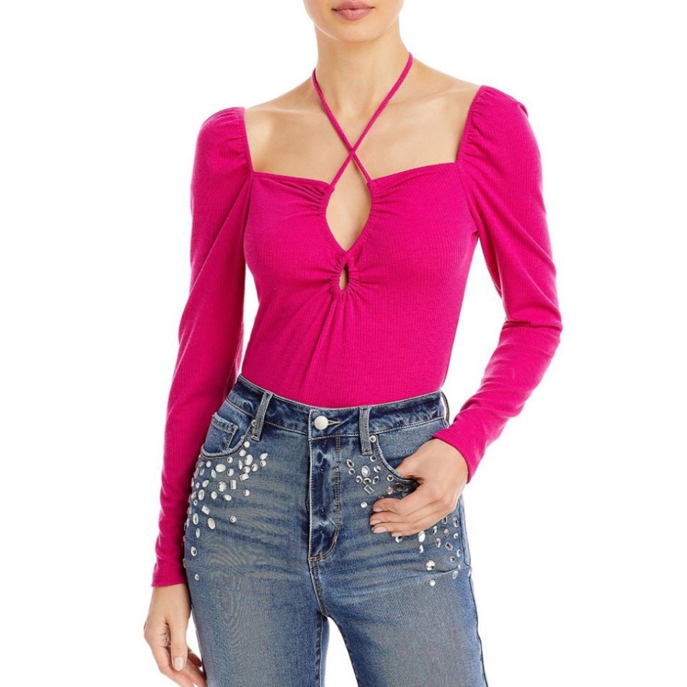 Aqua Rib Knit Long Sleeve Halter Cutout  Fuchsia Pink Bodysuit XL